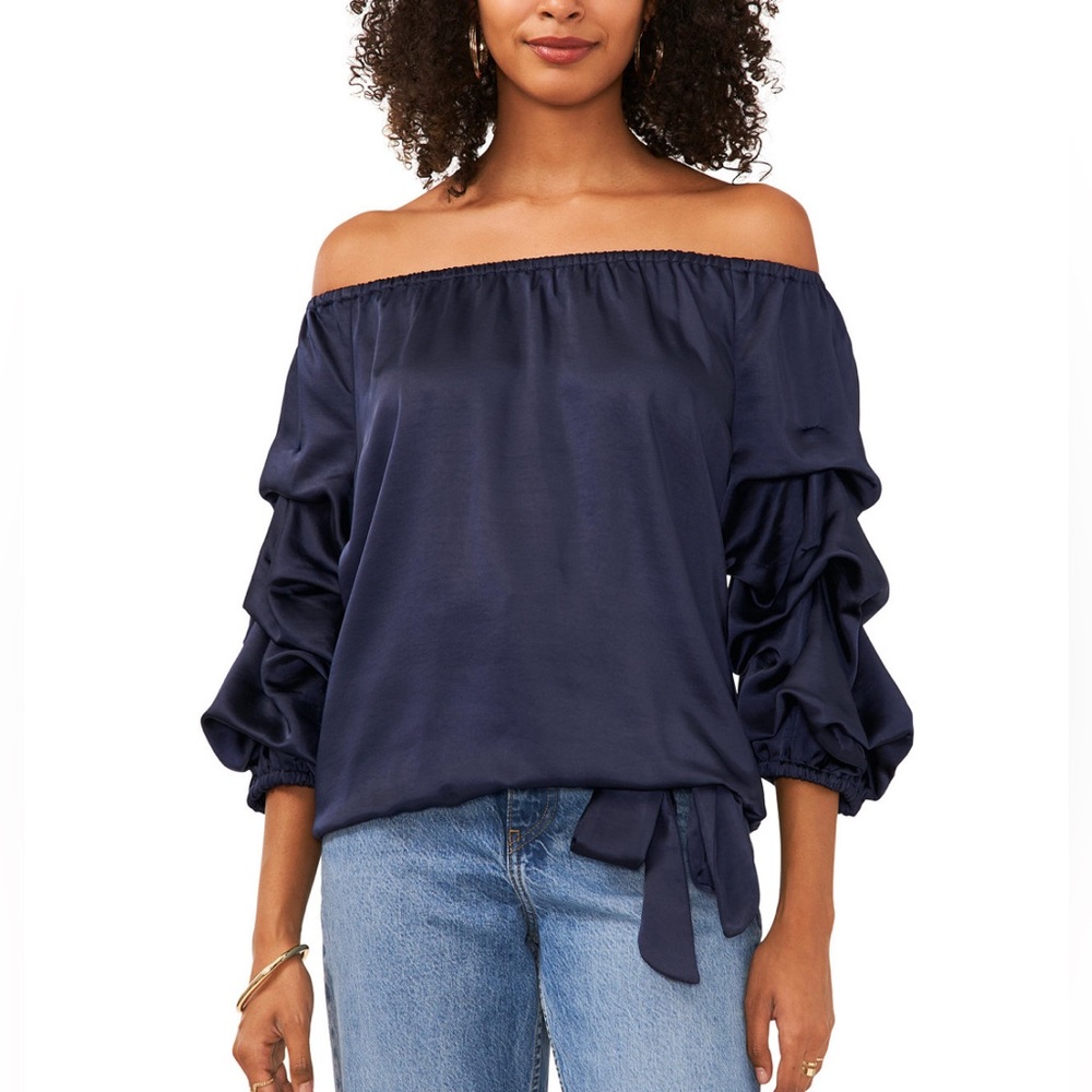 Vince Camuto Navy Off-Shoulder Ruffle-Sleeve Satin Blouse with Side Tie